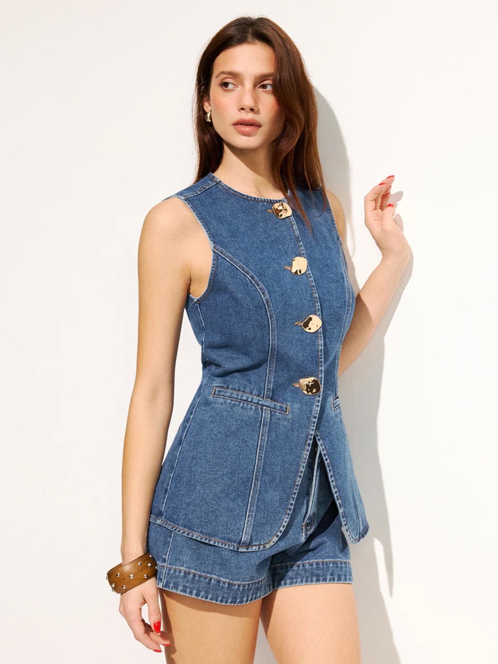 Commense Sleeveless Denim Vest Set in Blue with Gold Buttons